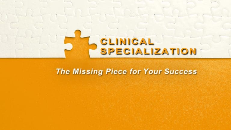 Cover graphic: white puzzle background with an orange missing piece, title 'Clinical Specialization' and subtitle 'The Missing Piece for Your Success'.