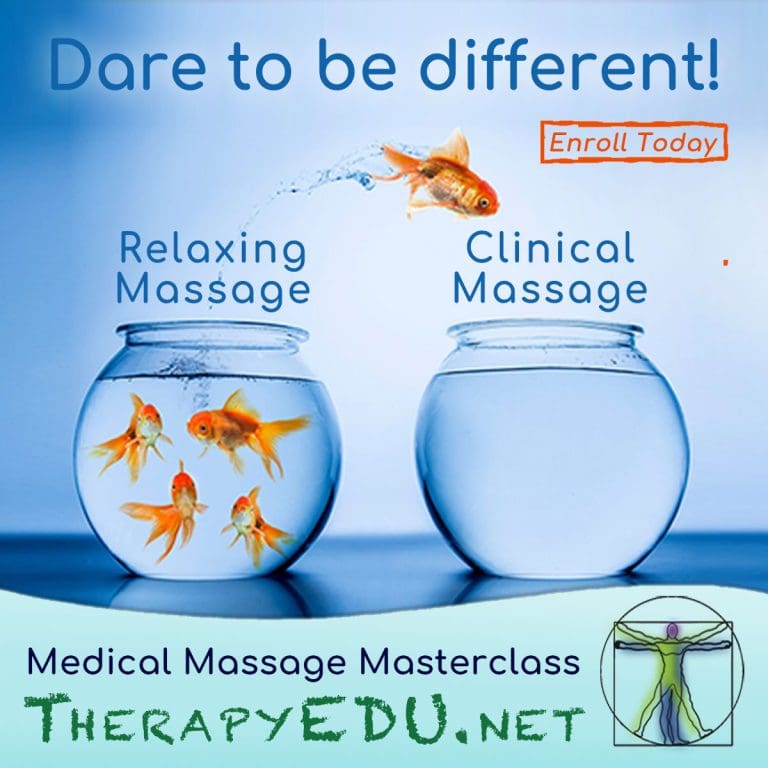 Promotional poster for a Medical Massage Masterclass showing two fish bowls labeled Relaxing Massage and Clinical Massage, with a goldfish leaping from the left bowl toward the right.